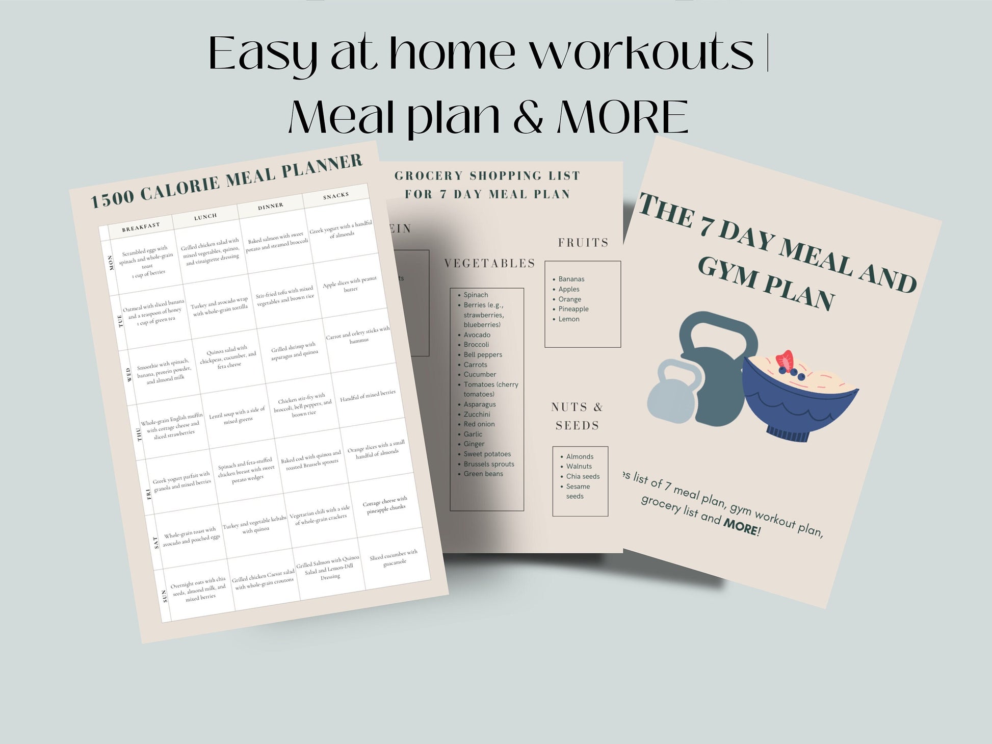 weekly meal plan, plan, workout. Fitness gym plan, workout planner, meal plans, meal planning, meal planner, prinable, grocery list, weight loss, meal,planner, gym, at home workouts, meal and gym plan for weight loss, 1500 calories meal plan, calorie