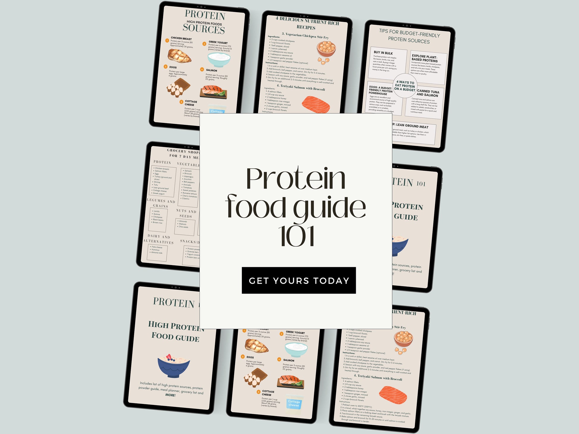 Meal plan and guide for protein, full guide on high protein meals + grocery list. Digital download, budget tips, budget proteins & more!