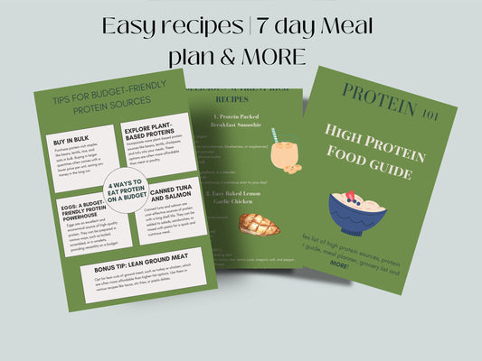 Meal plan and guide for protein, full guide on high protein meals + grocery list. Digital download, budget tips, budget proteins & more!