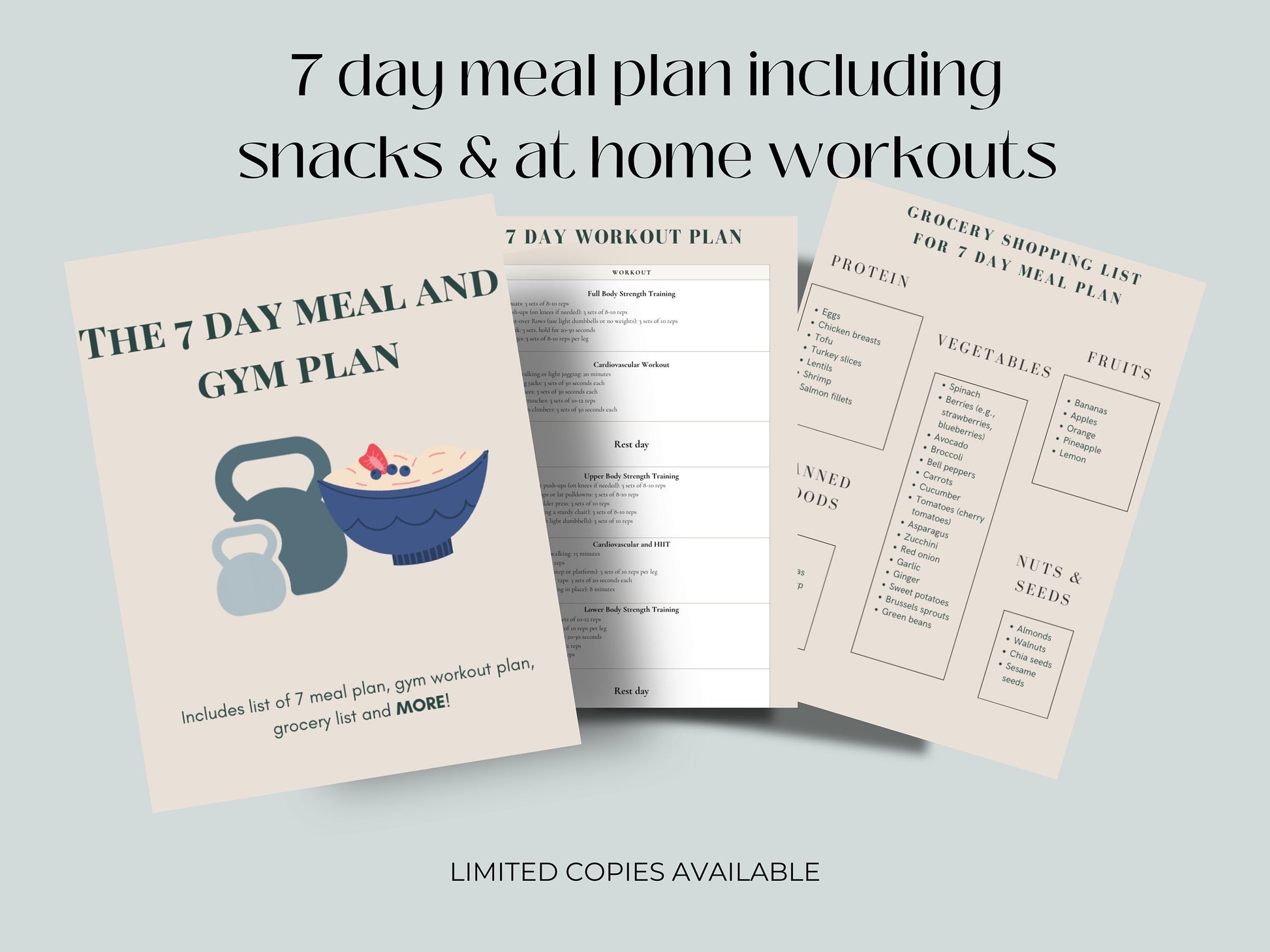 weekly meal plan, plan, workout. Fitness gym plan, workout planner, meal plans, meal planning, meal planner, prinable, grocery list, weight loss, meal,planner, gym, at home workouts, meal and gym plan for weight loss, 1500 calories meal plan, calorie